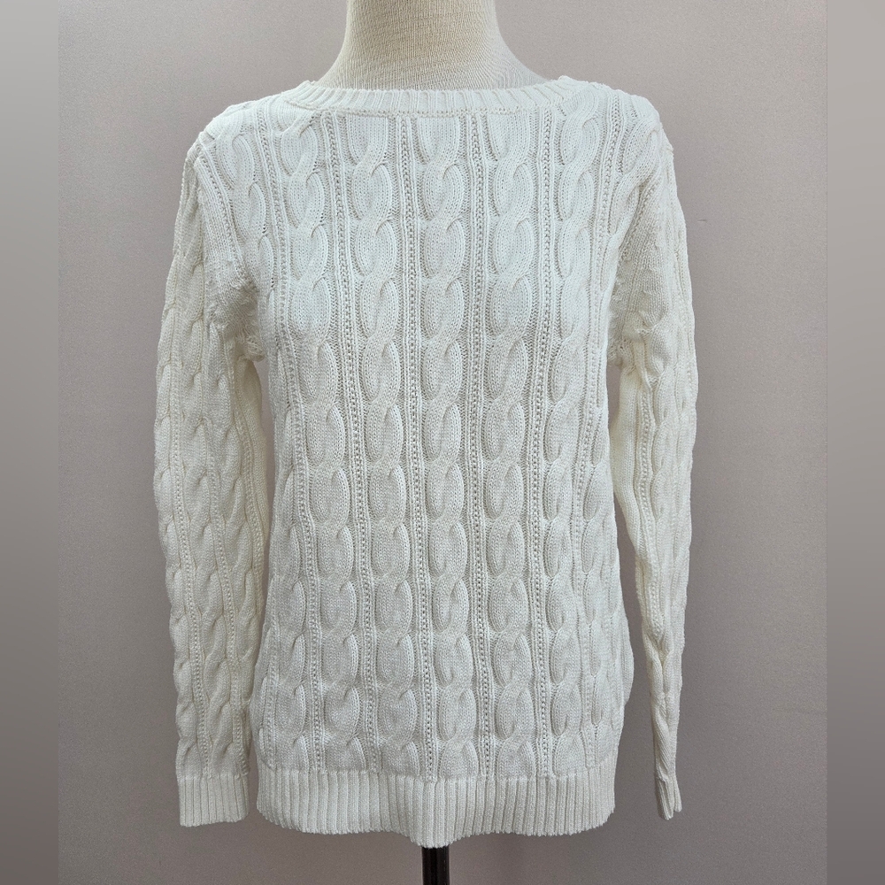 Lands' End White Cotton Cable Knit Drifter Sweater, Size Medium (10-12)